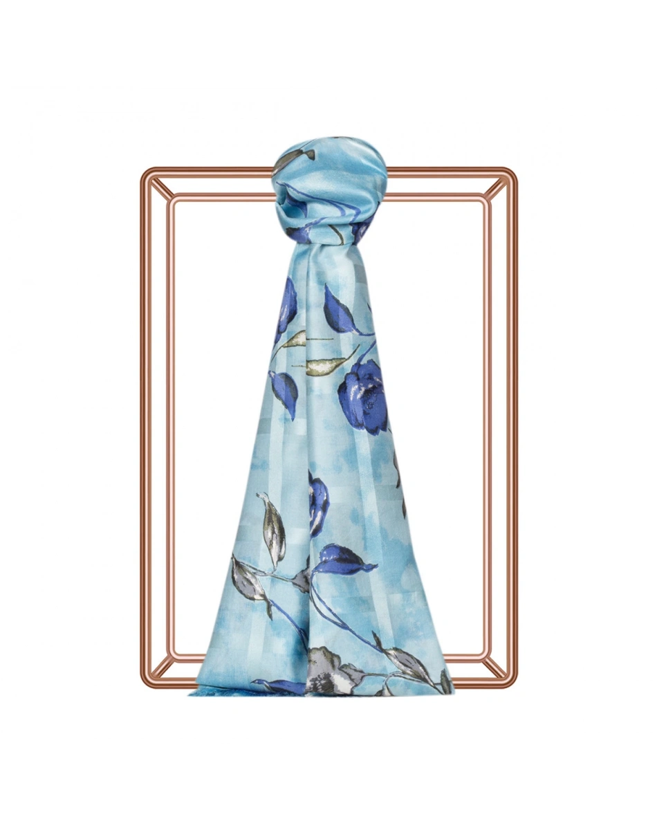 İpekevi 07184 Gök Mavi Galya Gülü Desenli Saten İpek Şal