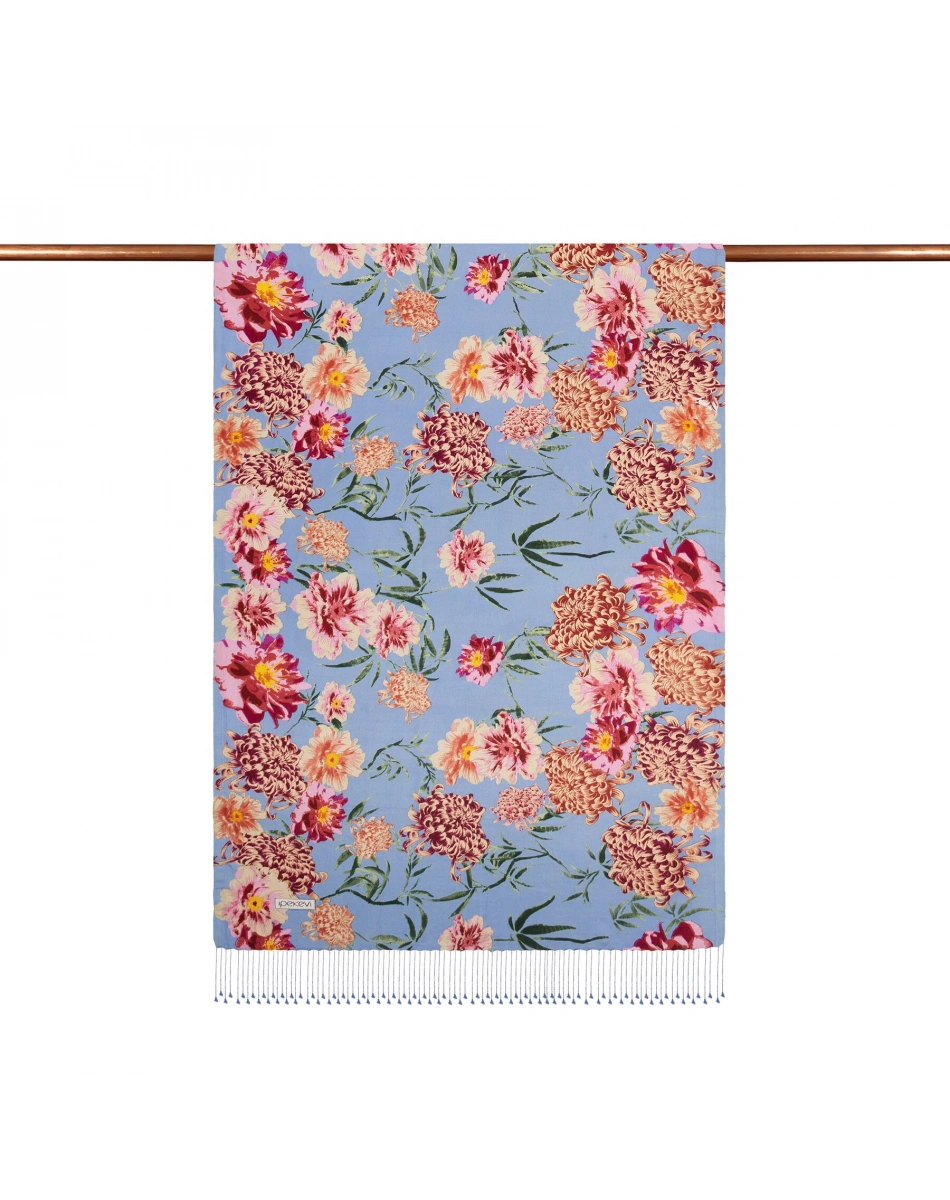 İpekevi 07651 Bebe Mavisi Krizantem Desenli İpek Şal