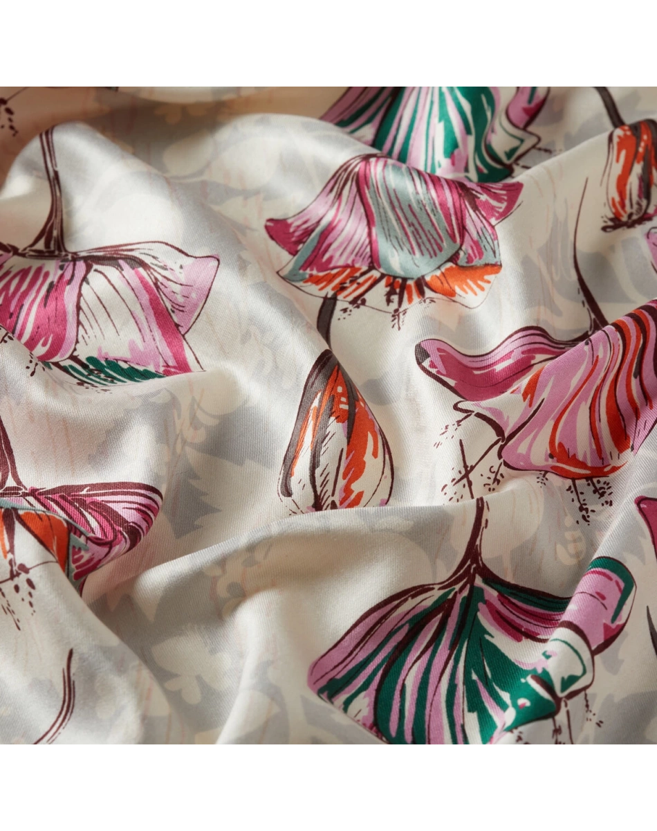 İpekevi 07797 Krem Fuşya Gardenia Desenli İpek Şal