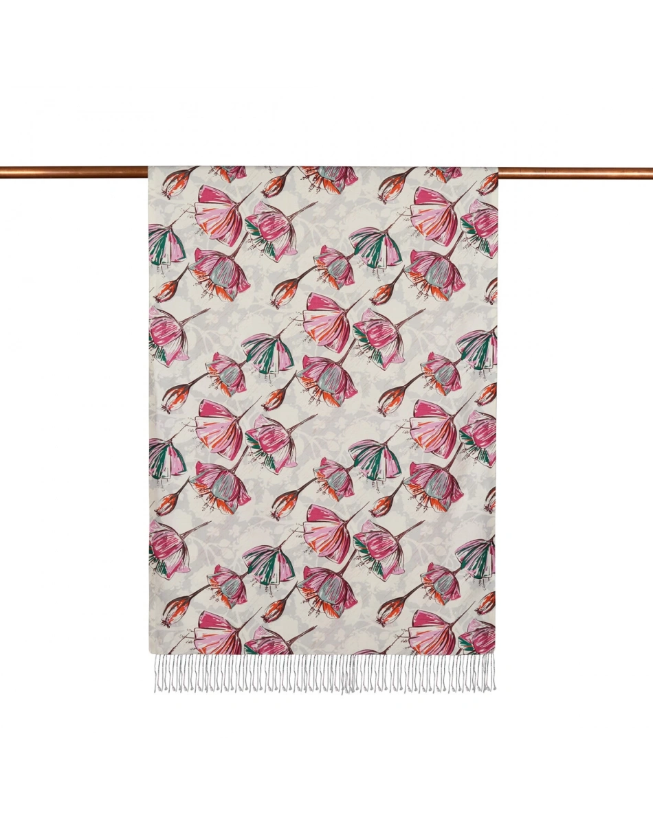 İpekevi 07797 Krem Fuşya Gardenia Desenli İpek Şal