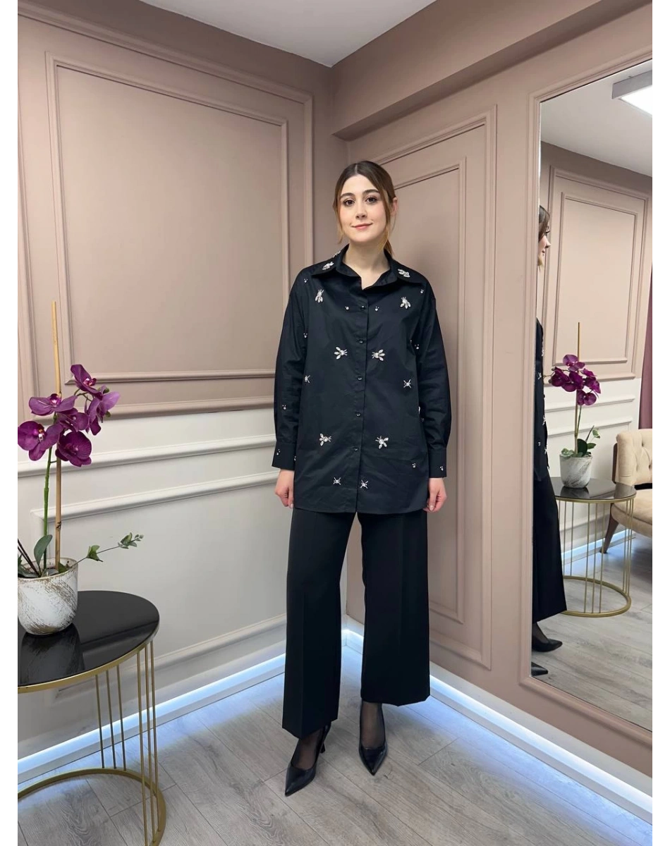 Lisa Exclusive 5052 Siyah Taş İşlemeli Gömlek