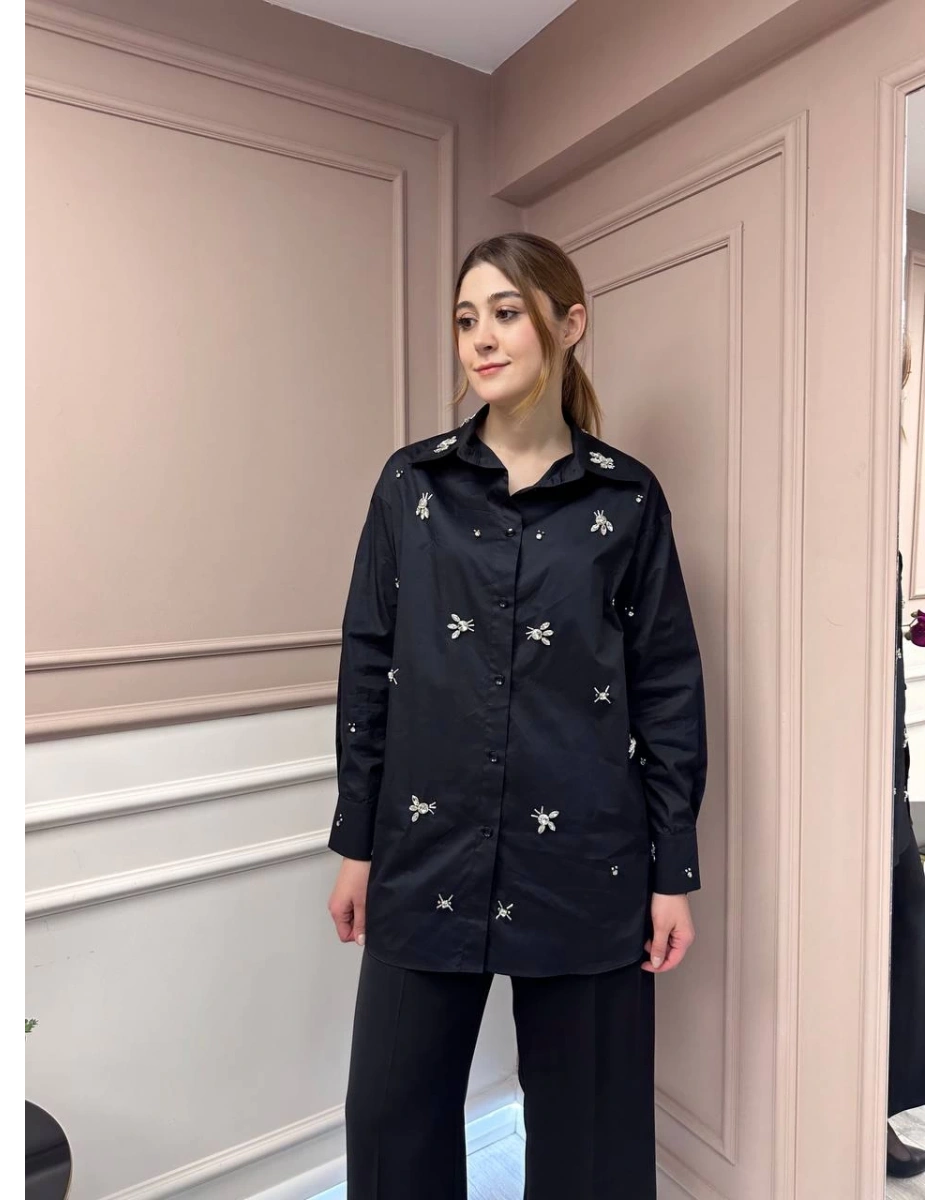 Lisa Exclusive 5052 Siyah Taş İşlemeli Gömlek