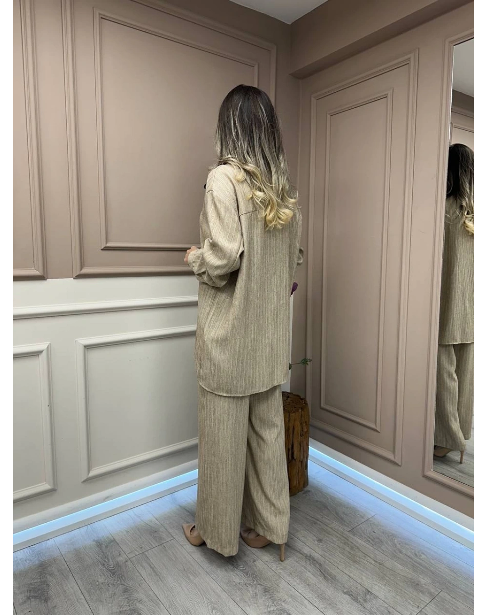 Lisa Exclusive 5078 Bej Çizgili Keten Takım