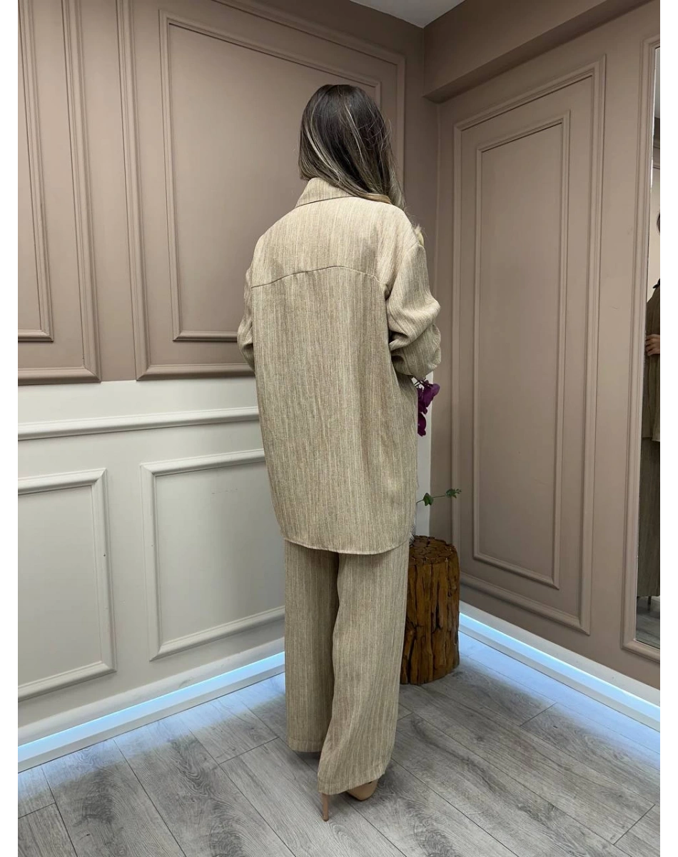 Lisa Exclusive 5078 Bej Çizgili Keten Takım