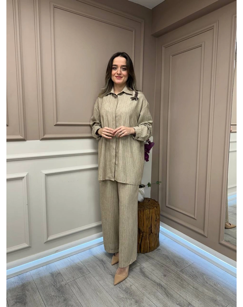 Lisa Exclusive 5078 Bej Çizgili Keten Takım