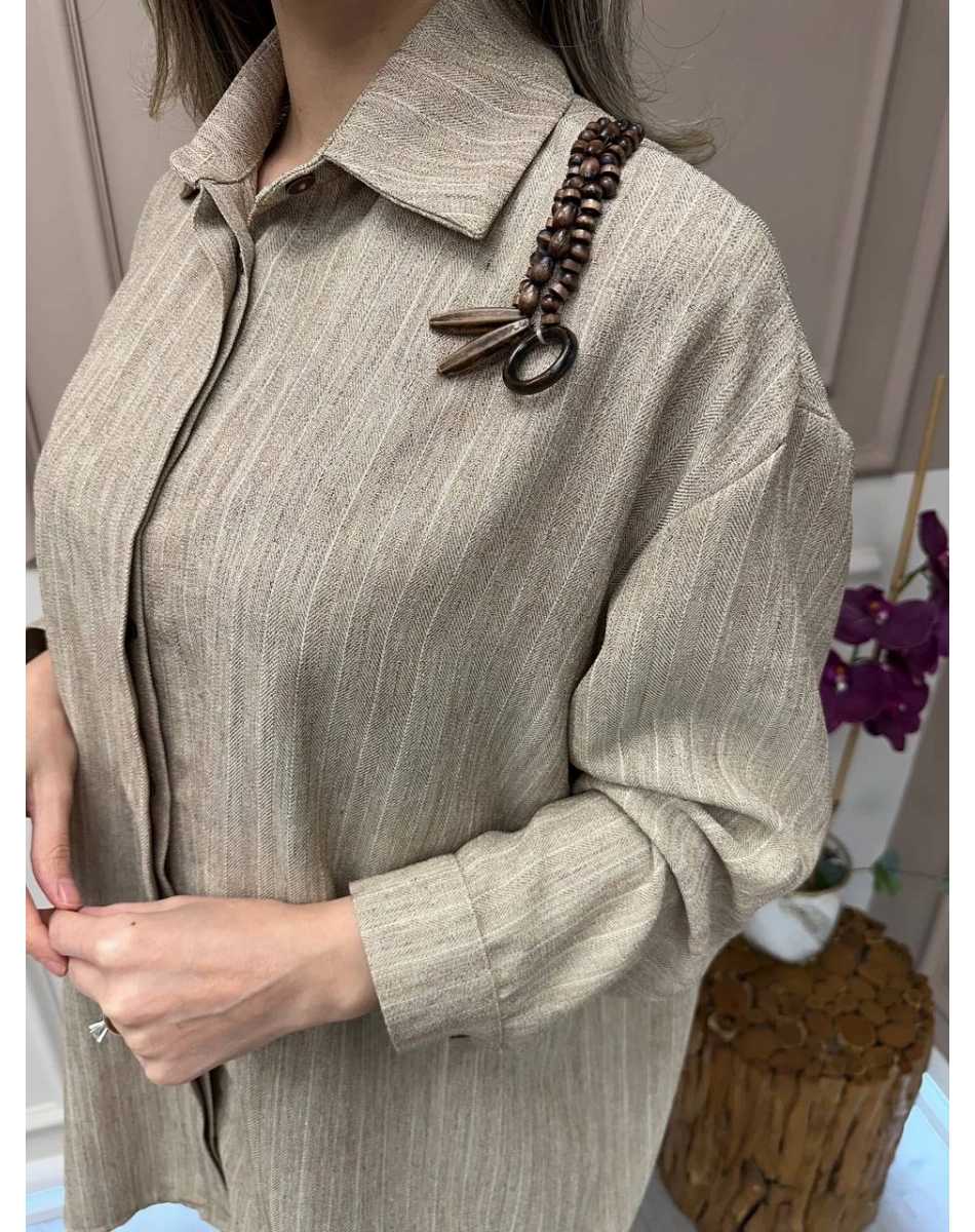 Lisa Exclusive 5078 Bej Çizgili Keten Takım