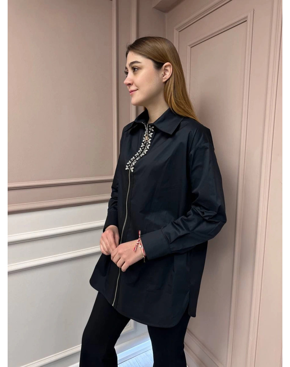 Lisa Exclusive 5104 Siyah Fermuar Ve Taş Detaylı Gömlek