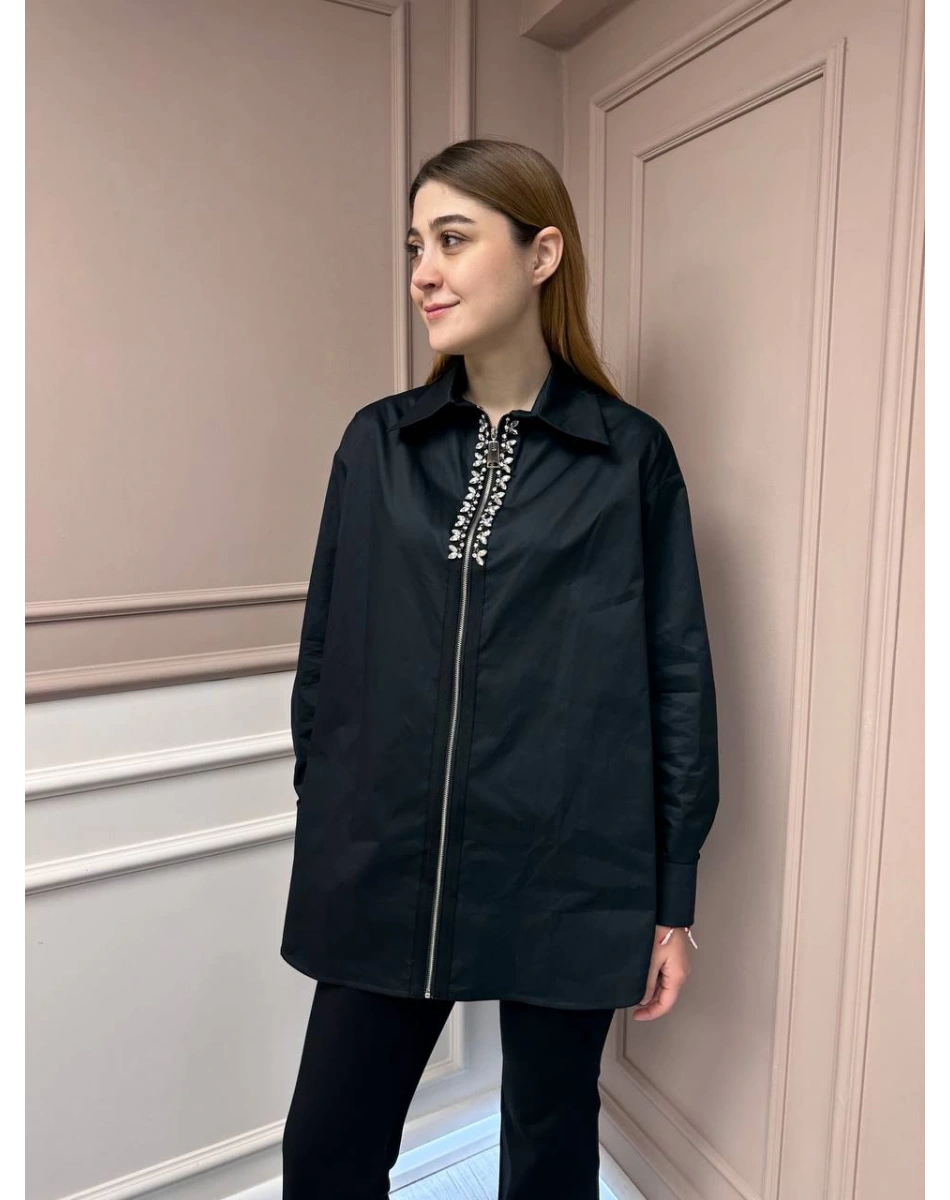 Lisa Exclusive 5104 Siyah Fermuar Ve Taş Detaylı Gömlek