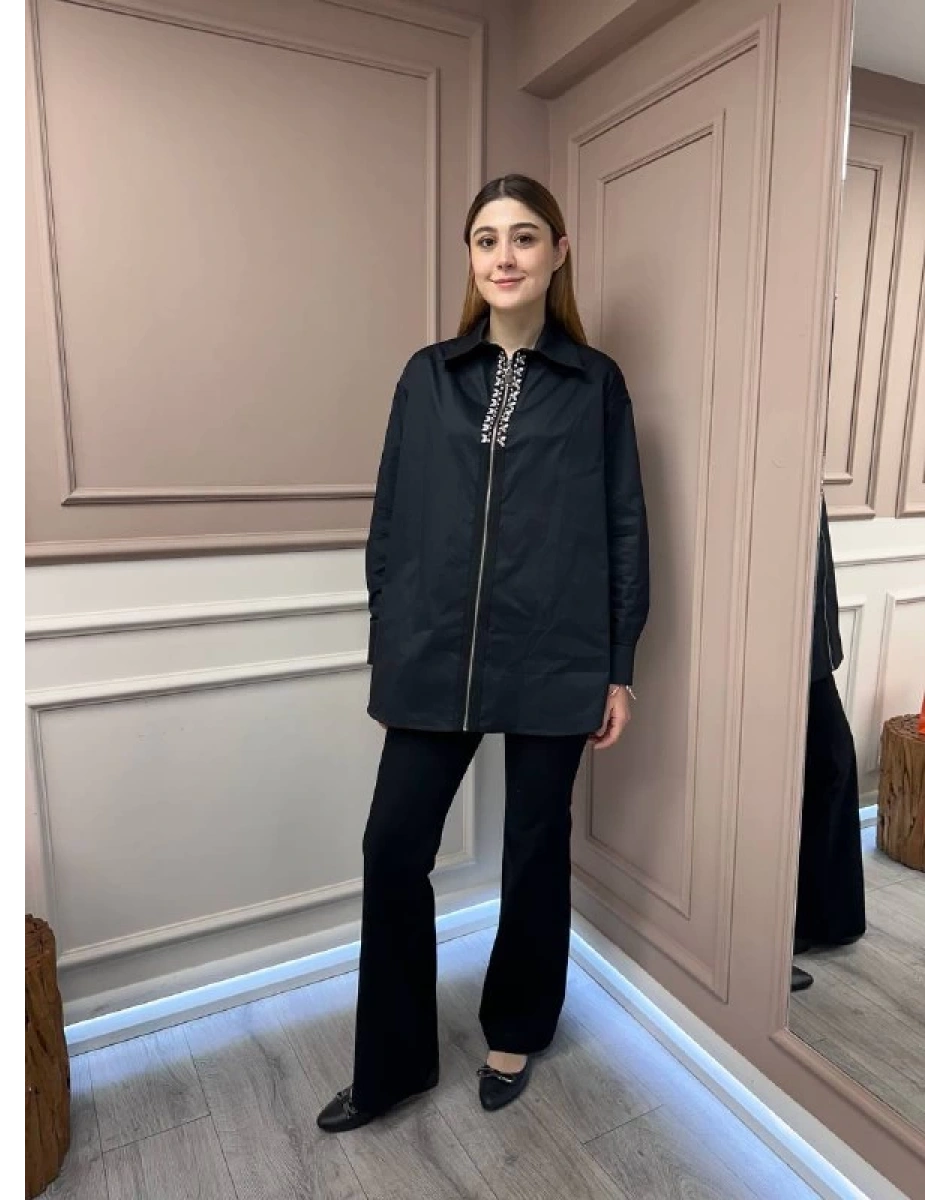 Lisa Exclusive 5104 Siyah Fermuar Ve Taş Detaylı Gömlek