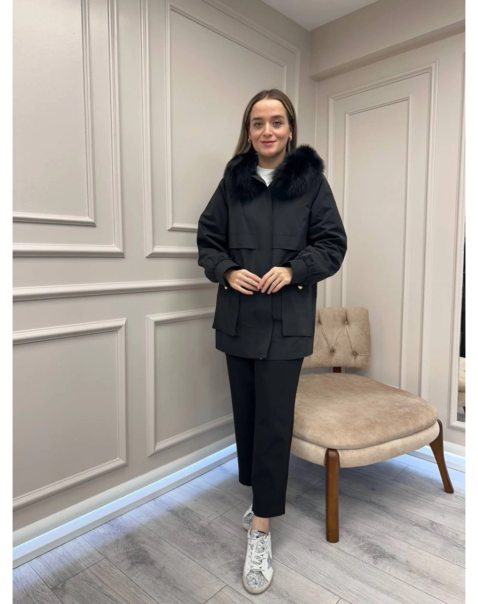 Lisa Exclusive 6030 Siyah Kürklü Trençkot