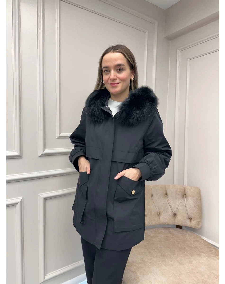 Lisa Exclusive 6030 Siyah Kürklü Trençkot
