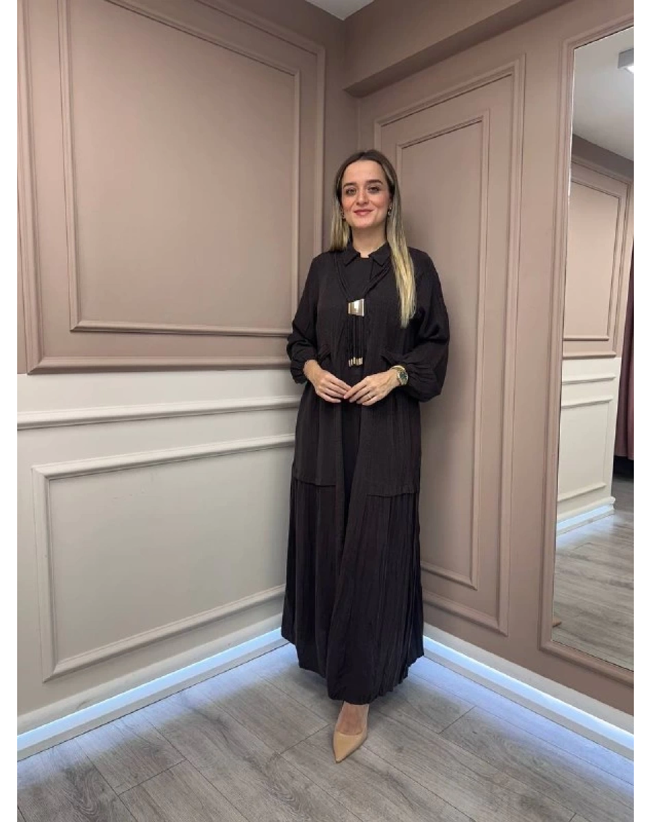 Lissmore 6023 Kahverengi Yaka Detaylı Elbise