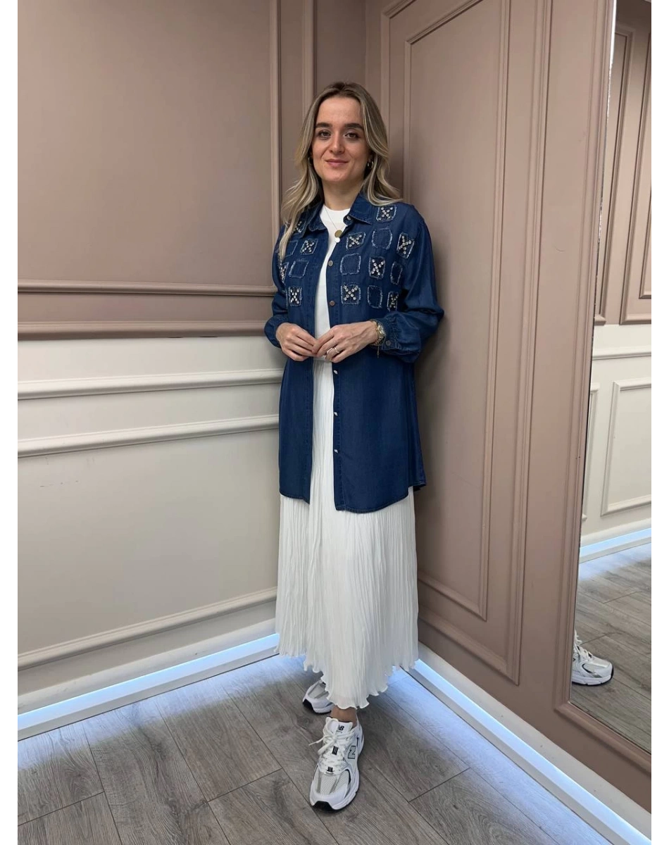 Magazin 7250 Koyu Mavi Taşlı Tensel Tunik