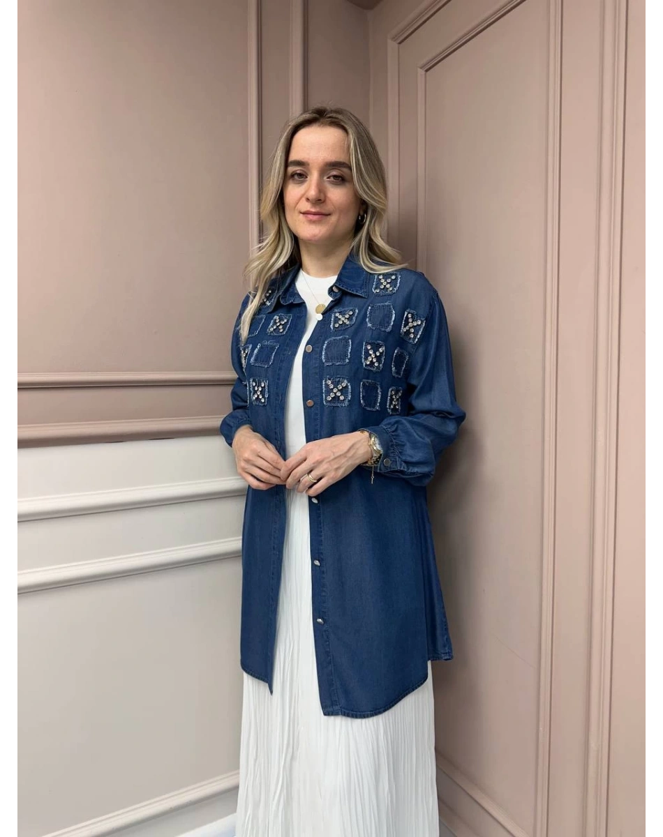 Magazin 7250 Koyu Mavi Taşlı Tensel Tunik