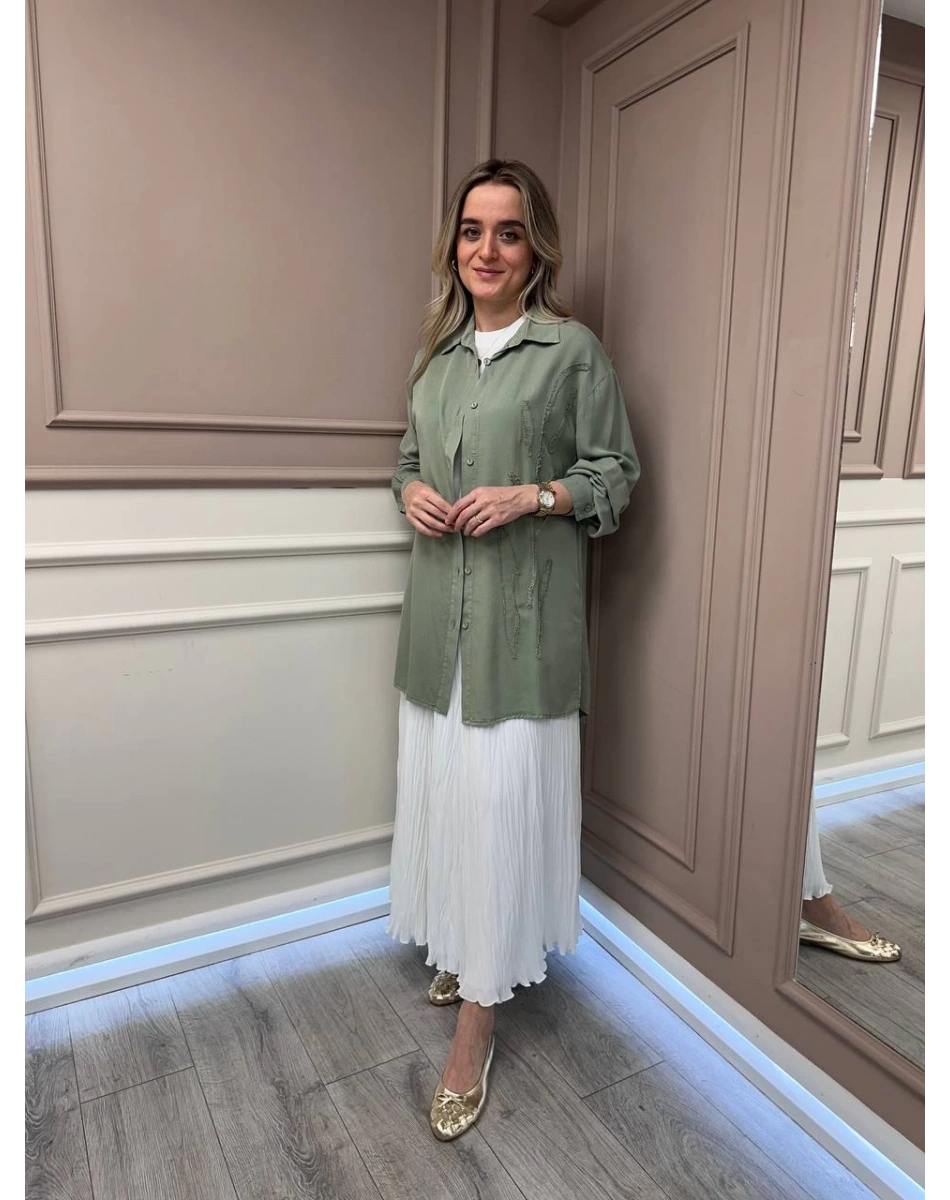 Magazin 7297 Yeşil Yanı Detaylı Tensel Tunik