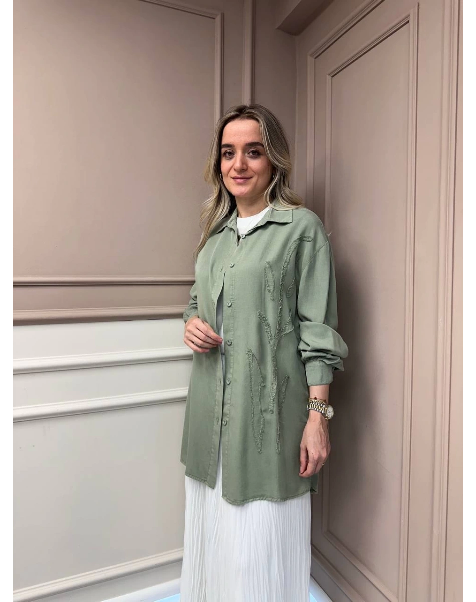 Magazin 7297 Yeşil Yanı Detaylı Tensel Tunik