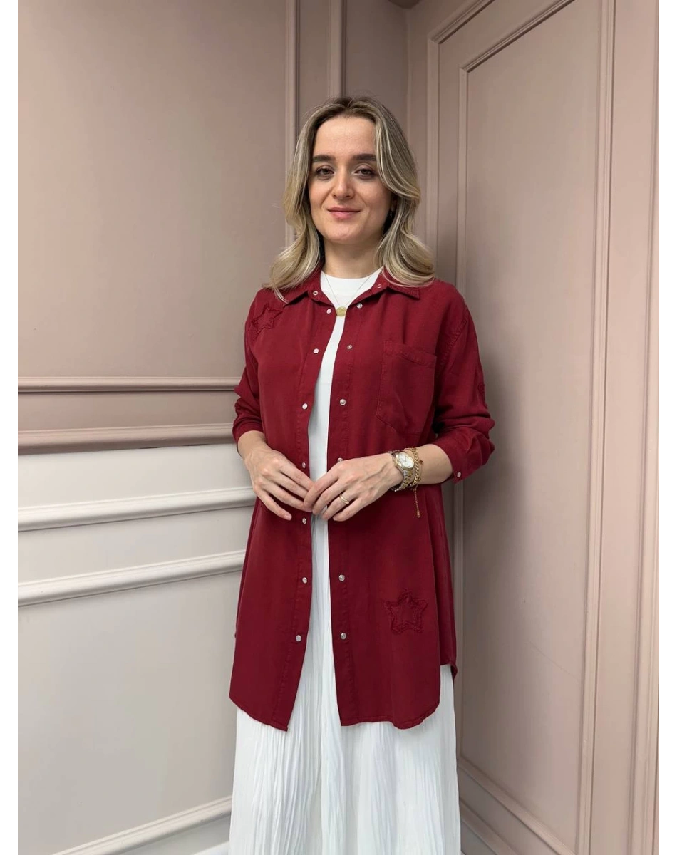 Magazin 7343 Bordo Yıldız Detaylı Tensel Tunik