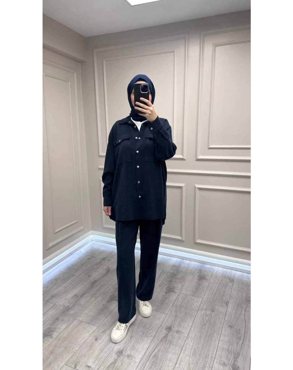 Magazin 7387 Lacivert Önü Çıtçıtlı Tensel Takım