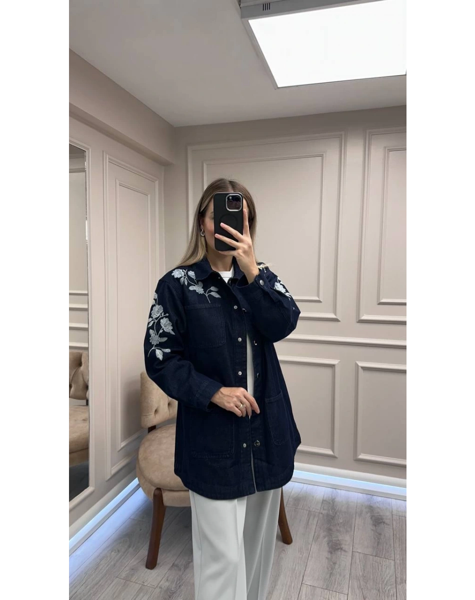 Magazin 7426 Koyu Lacivert Çiçek Desenli Kot Ceket