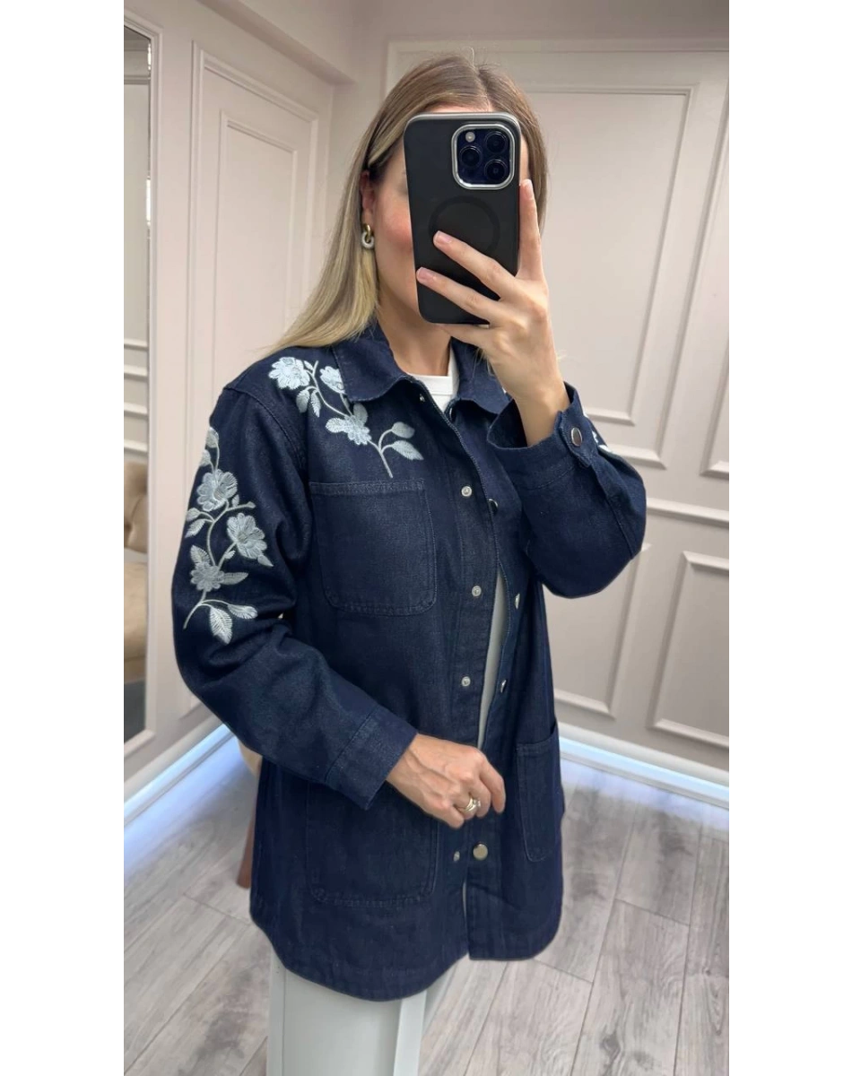 Magazin 7426 Koyu Lacivert Çiçek Desenli Kot Ceket
