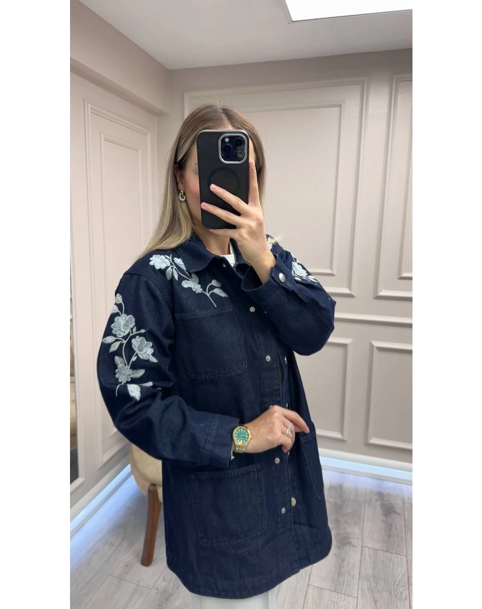 Magazin 7426 Koyu Lacivert Çiçek Desenli Kot Ceket