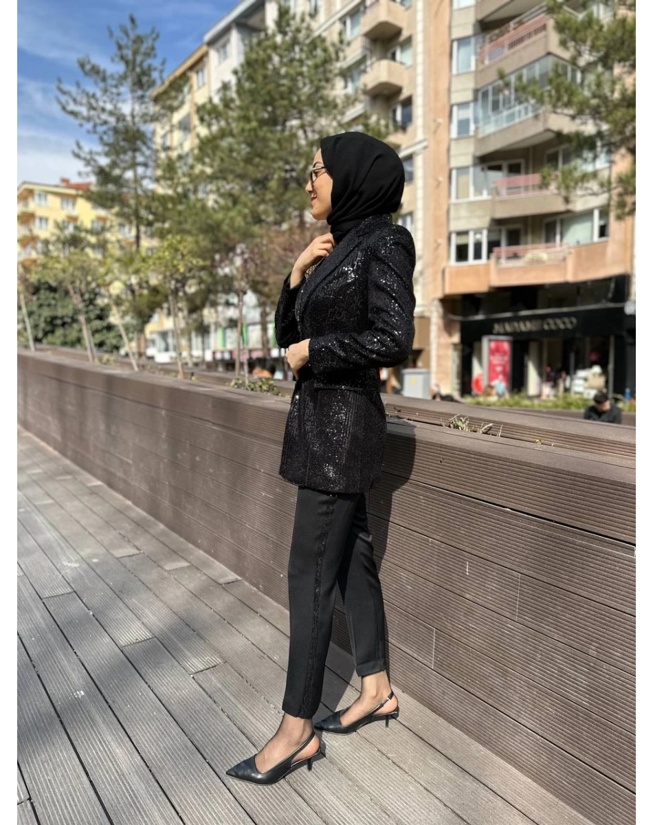 Matex 24Y01147223 Siyah Payetli Ceket Pantolon Takım