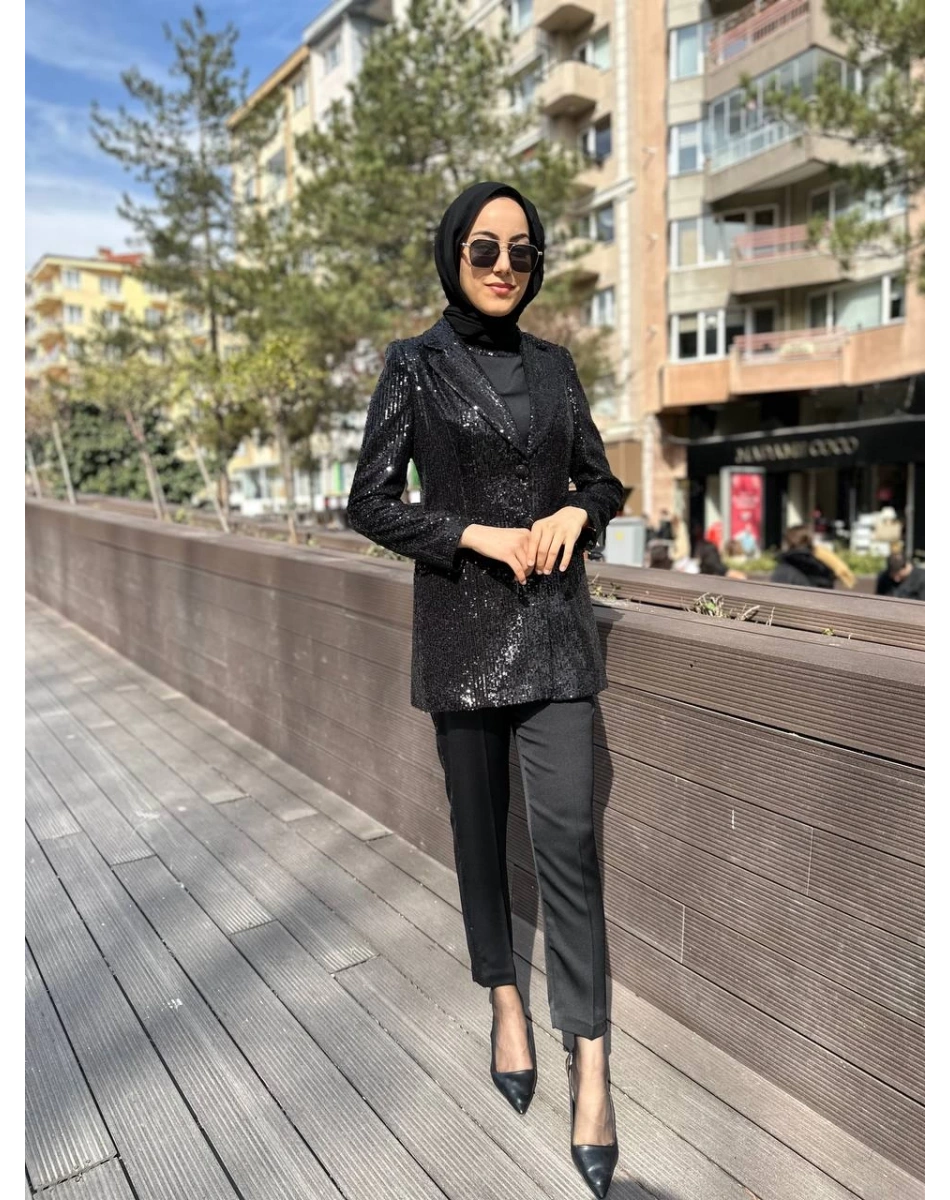 Matex 24Y01147223 Siyah Payetli Ceket Pantolon Takım