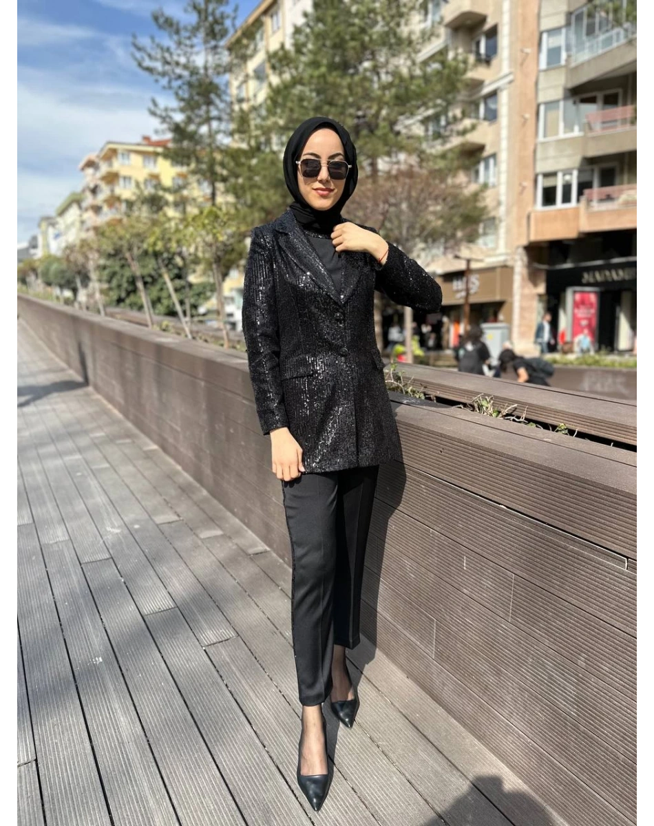Matex 24Y01147223 Siyah Payetli Ceket Pantolon Takım