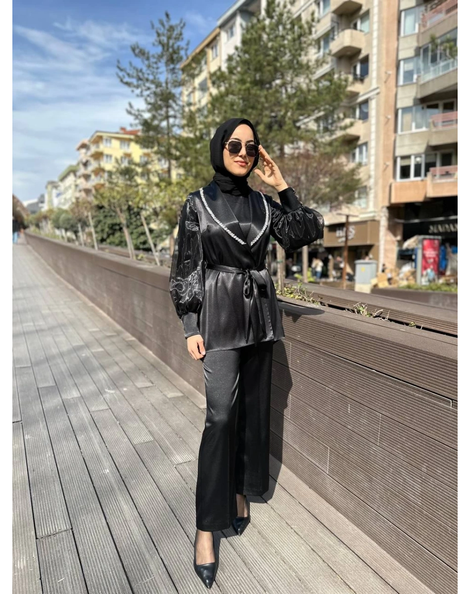 Matex 24Y01167161 Siyah Organze Ceket Pantolon Takım