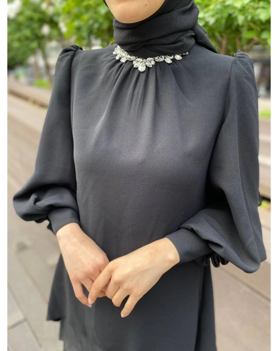 Matex 24Y01787076 Siyah Yakası Taşlı Pantolonlu Takım