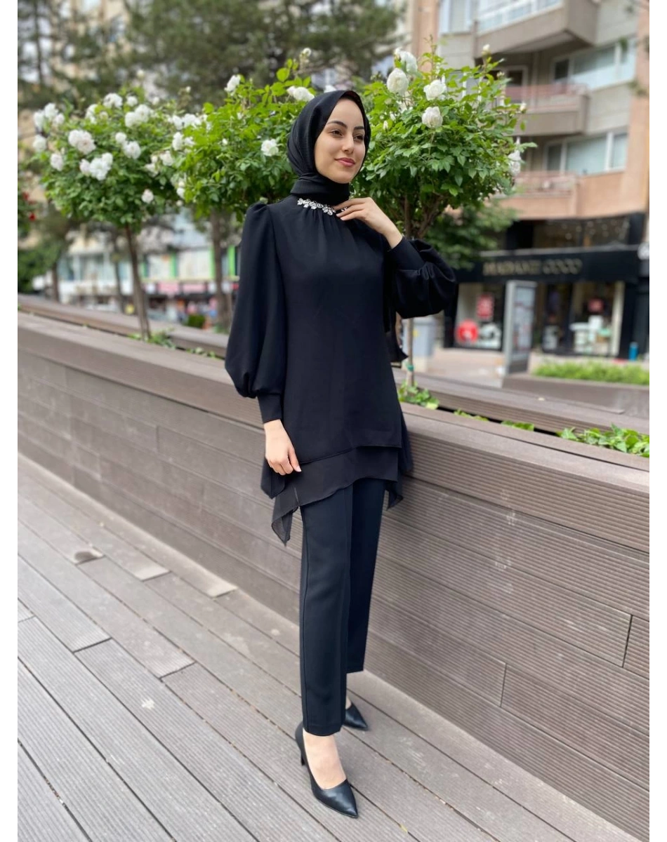 Matex 24Y01787076 Siyah Yakası Taşlı Pantolonlu Takım