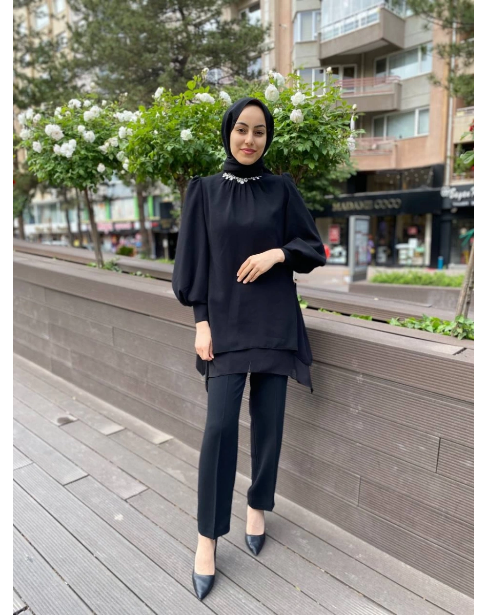 Matex 24Y01787076 Siyah Yakası Taşlı Pantolonlu Takım