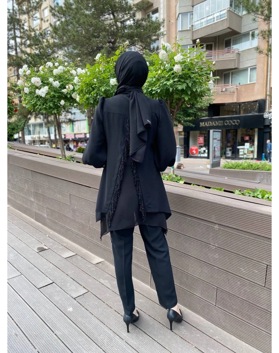 Matex 24Y01787076 Siyah Yakası Taşlı Pantolonlu Takım