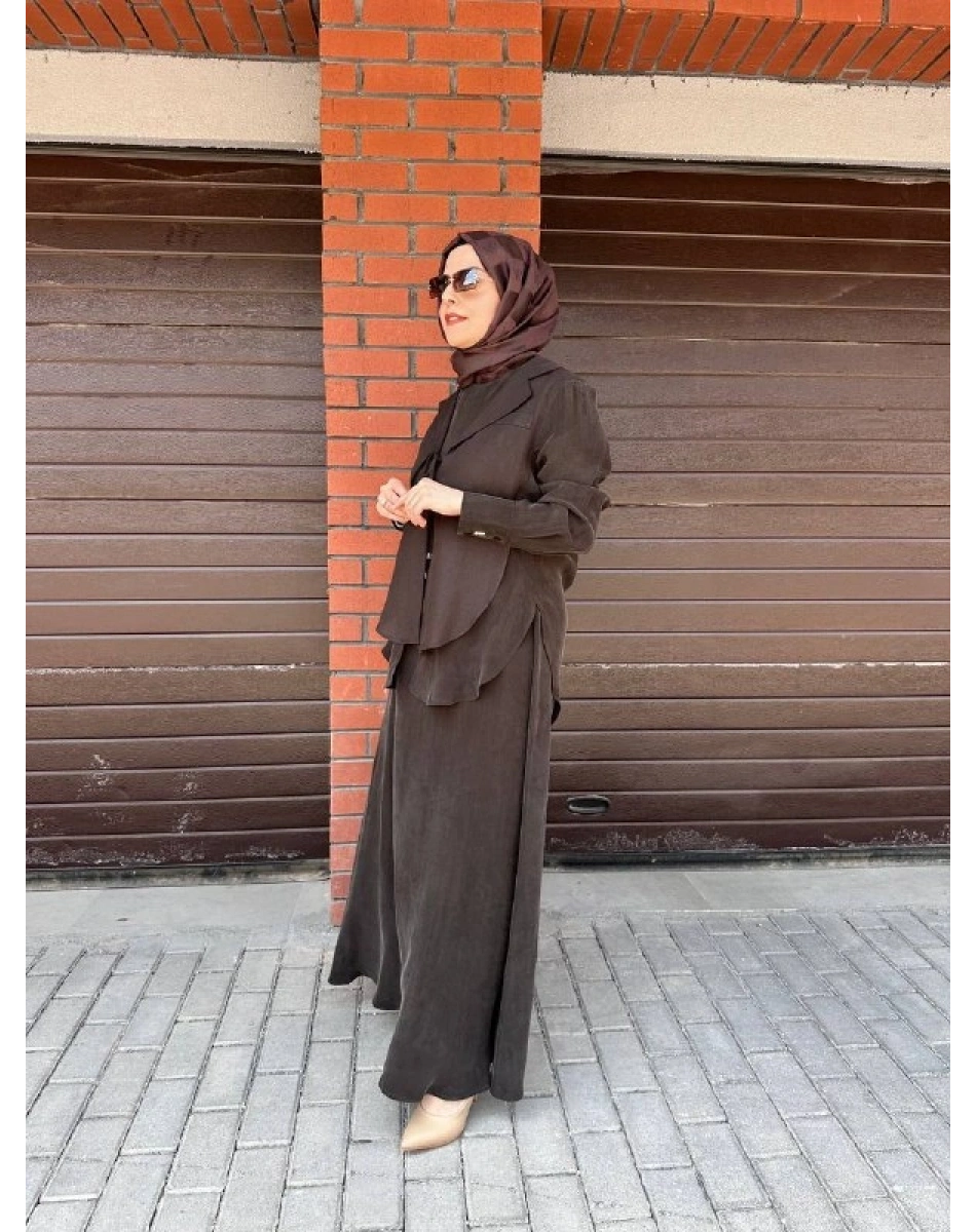 Miss Dalida 2260262 Kakao Bağlama Detaylı Keten Ceket - Elbise Takımı