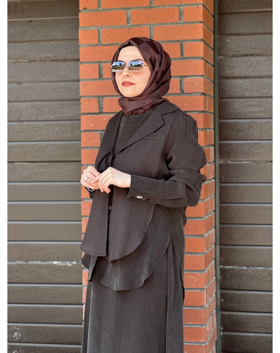Miss Dalida 2260262 Kakao Bağlama Detaylı Keten Ceket - Elbise Takımı