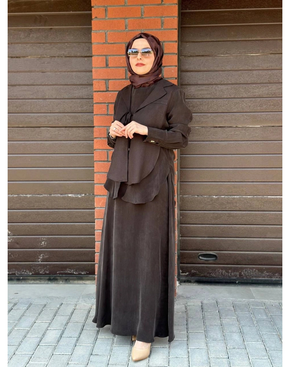 Miss Dalida 2260262 Kakao Bağlama Detaylı Keten Ceket - Elbise Takımı