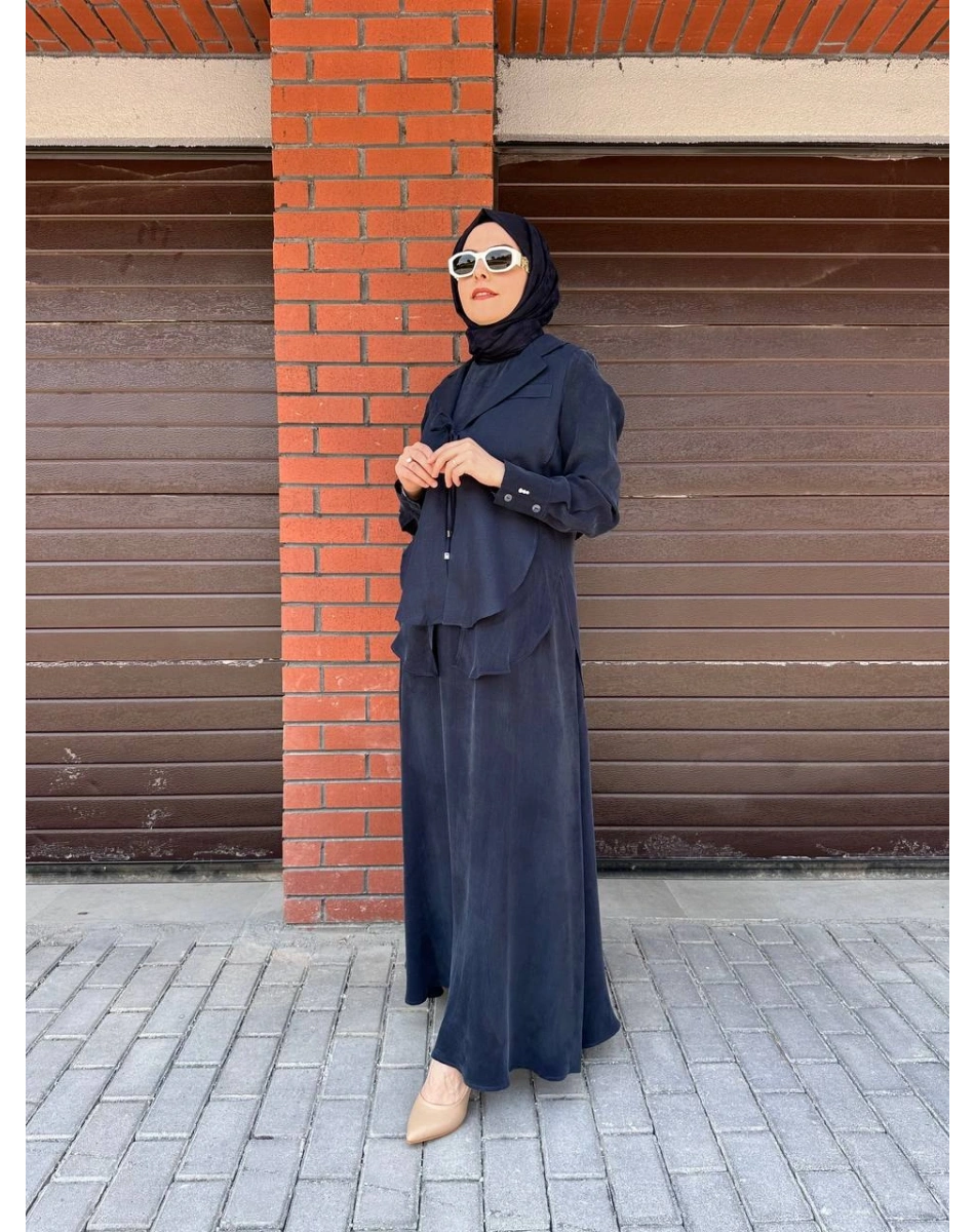 Miss Dalida 2260262 Lacivert Bağlama Detaylı Keten Ceket - Elbise Takımı