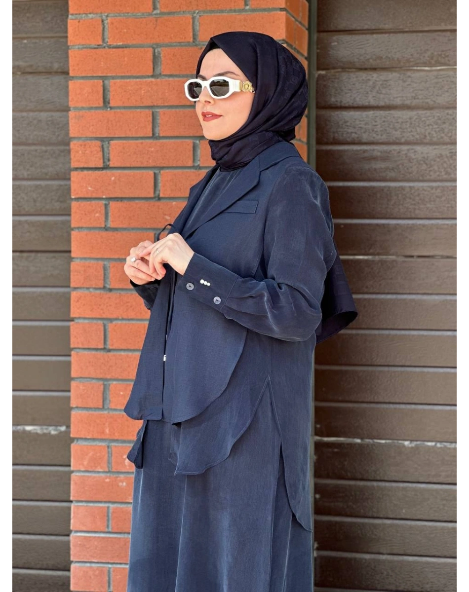 Miss Dalida 2260262 Lacivert Bağlama Detaylı Keten Ceket - Elbise Takımı