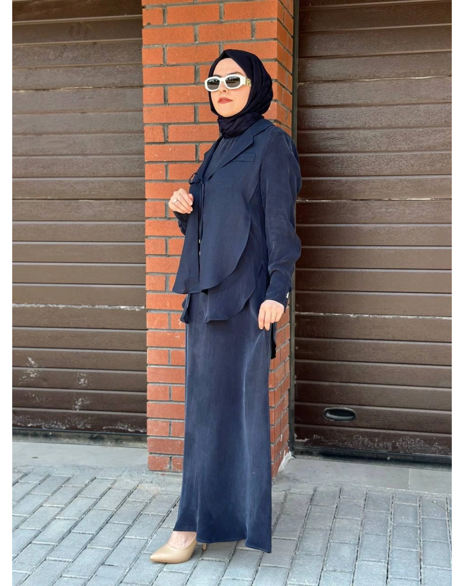 Miss Dalida 2260262 Lacivert Bağlama Detaylı Keten Ceket - Elbise Takımı