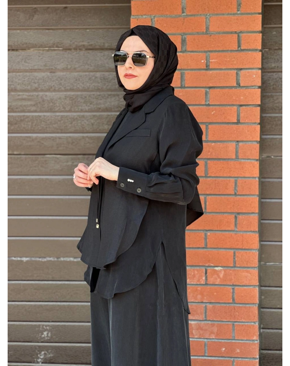 Miss Dalida 2260262 Siyah Bağlama Detaylı Keten Ceket - Elbise Takımı