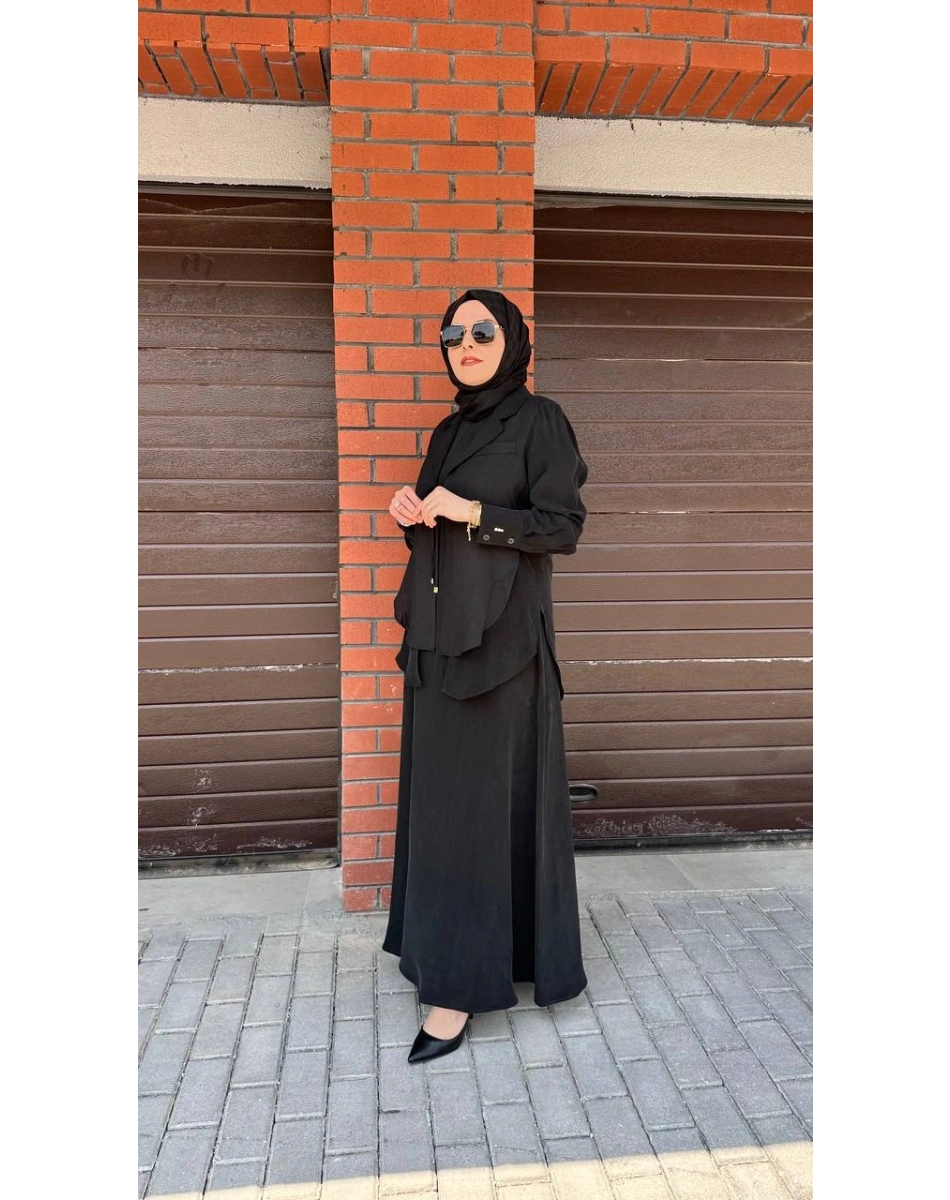 Miss Dalida 2260262 Siyah Bağlama Detaylı Keten Ceket - Elbise Takımı