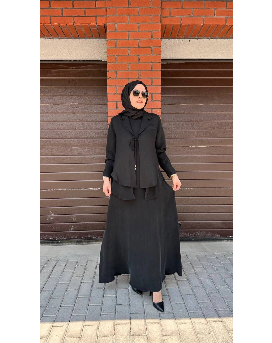 Miss Dalida 2260262 Siyah Bağlama Detaylı Keten Ceket - Elbise Takımı
