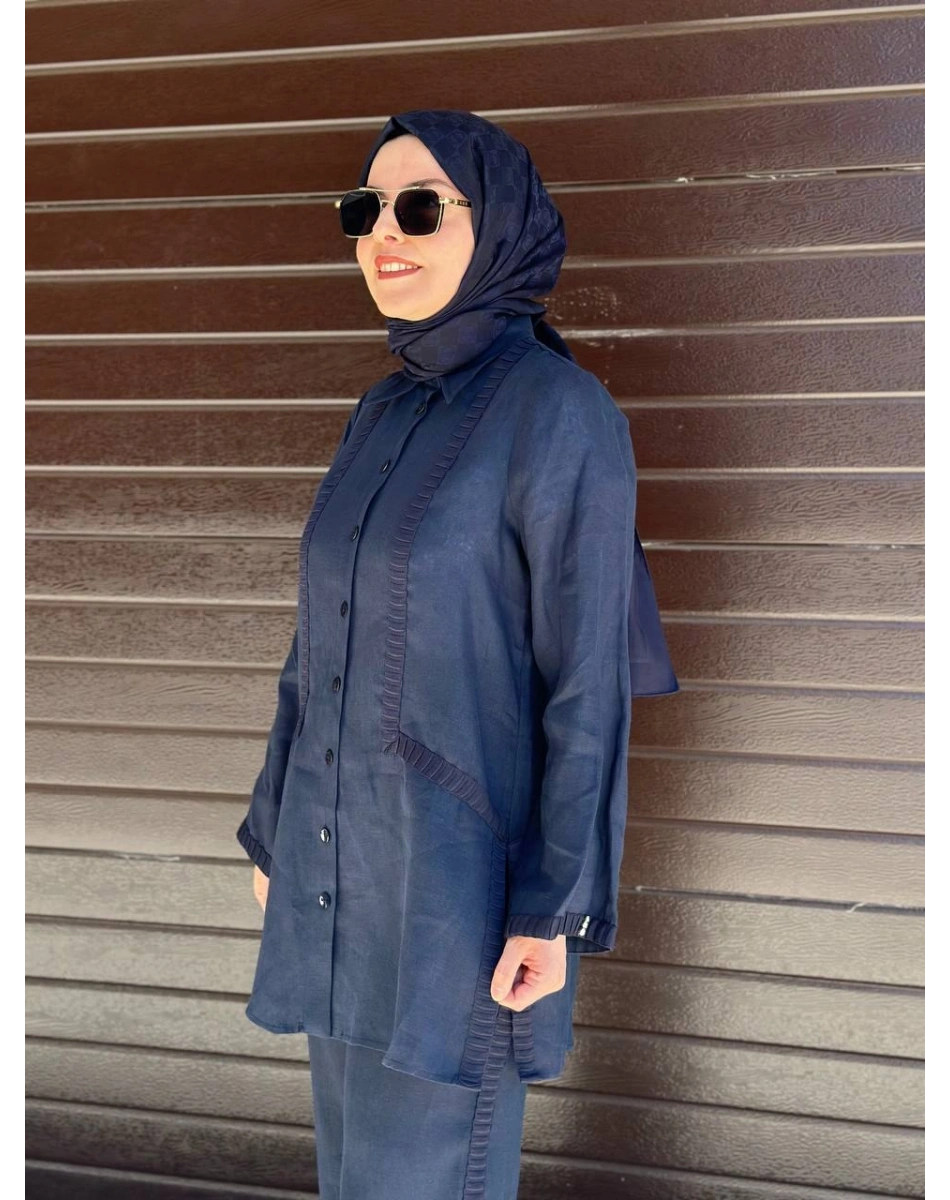Miss Dalida 2263253 Lacivert Triko Tiktaklı Keten Gömlek