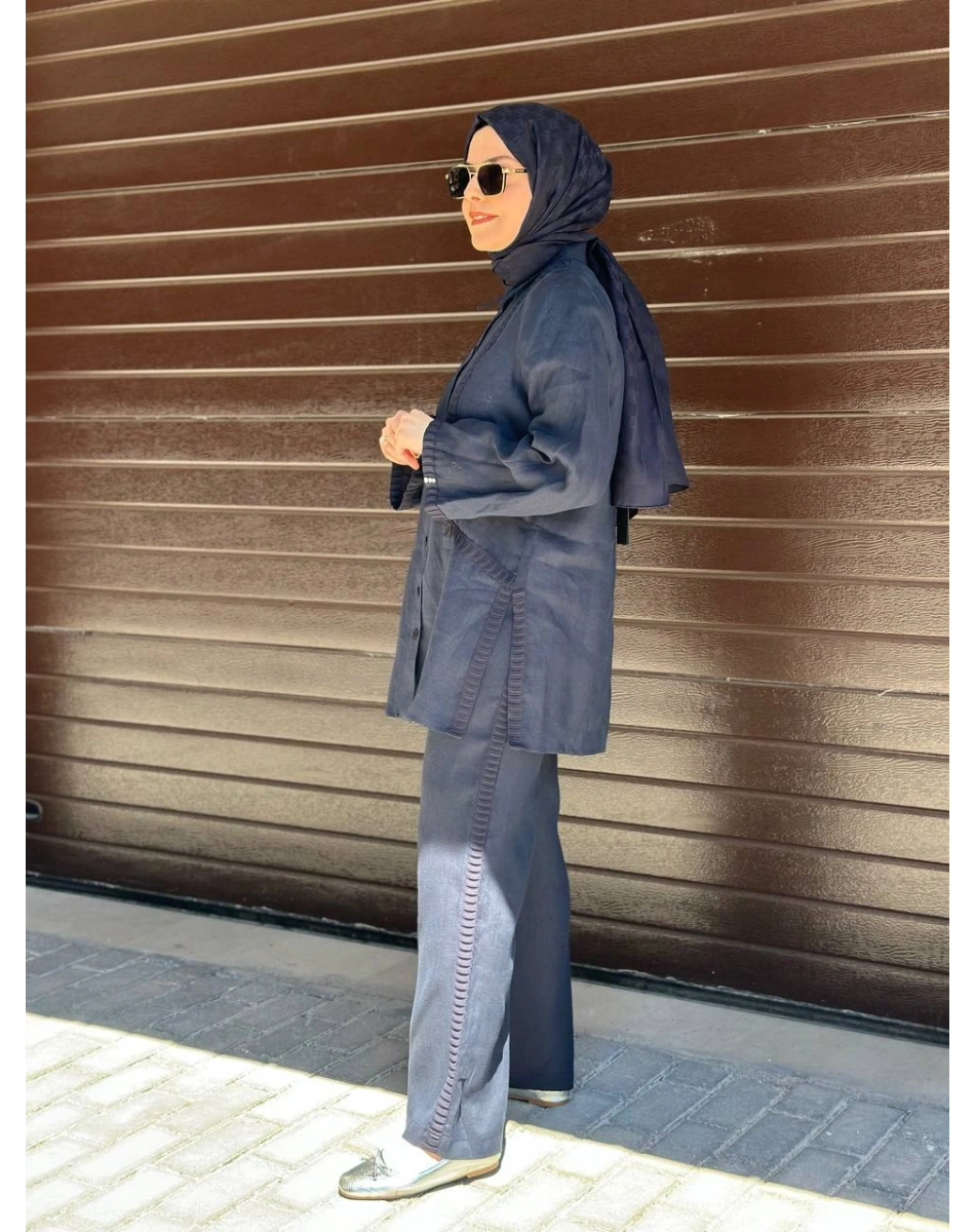 Miss Dalida 2263253 Lacivert Triko Tiktaklı Keten Gömlek