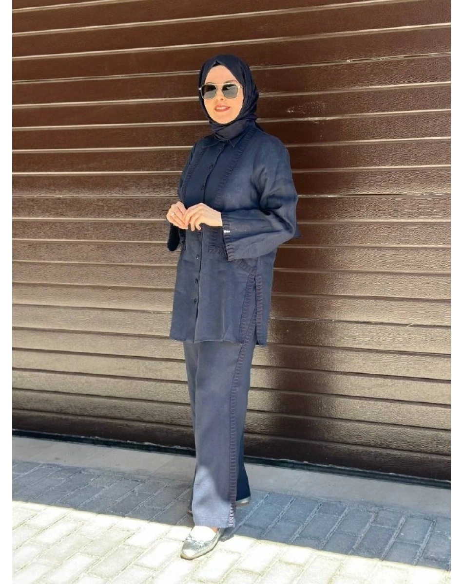 Miss Dalida 2263253 Lacivert Triko Tiktaklı Keten Gömlek