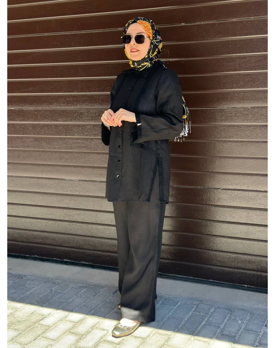 Miss Dalida 2263253 Siyah Triko Tiktaklı Keten Gömlek
