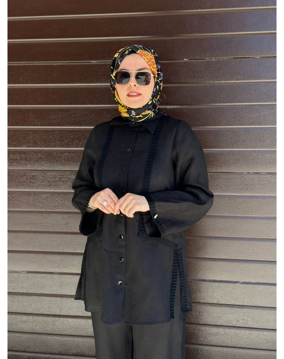 Miss Dalida 2263253 Siyah Triko Tiktaklı Keten Gömlek
