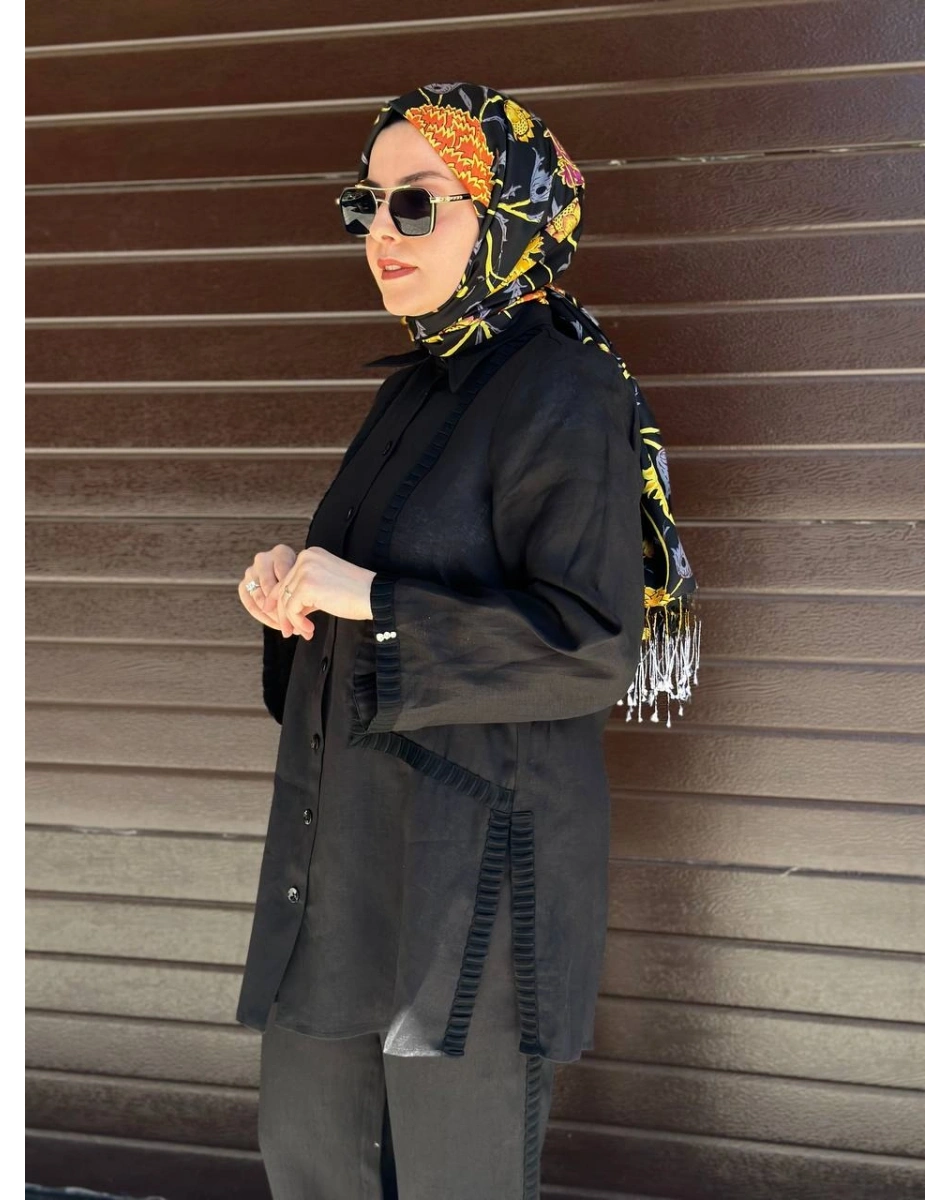 Miss Dalida 2263253 Siyah Triko Tiktaklı Keten Gömlek