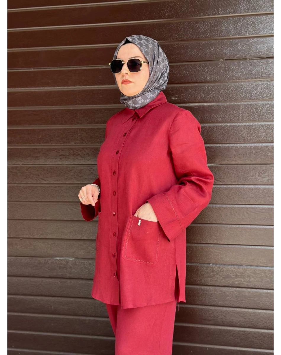 Miss Dalida 2263256 Cherry Minimal Nakışlı Cepli Keten Gömlek