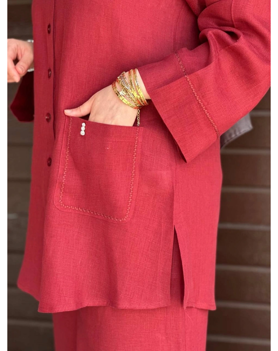 Miss Dalida 2263256 Cherry Minimal Nakışlı Cepli Keten Gömlek